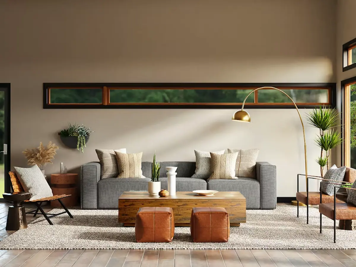 Sala contemporânea com mobiliário de proporção leve